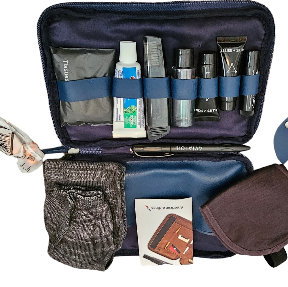 American Airlines First Class Amenities Bag Kit socks Eye Mask Toothpaste - Picture 3 of 8